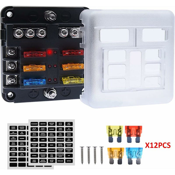 6-vägs 12V säkringsbox, säkringshållare blad säkringsblock med 16 säkringar 6 LED-indikatorlampor skyddande lock för 12V/24V bilfordon båt marin lastbil SUV