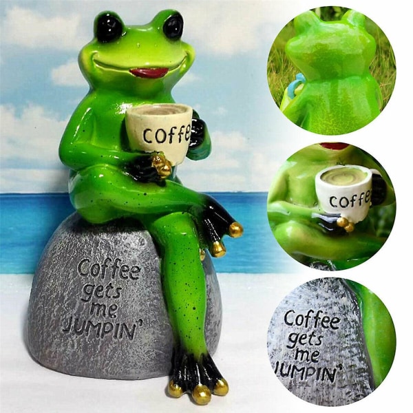 Frosk som drikker kaffe - Resin statue ornament skulptur hagefigur