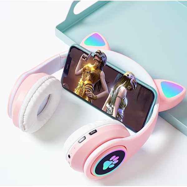 Gaming Bluetooth 5.0 Trådlösa Hörlurar Over Ear Katt LED Ljus F