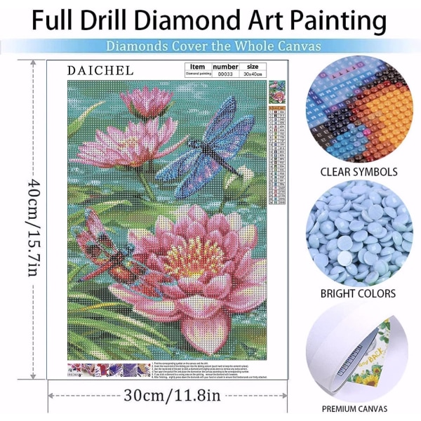 Lotus Diamond Art Malingsett for Voksne - Komplett Diamond Dot Maleri for Nybegynnere, 5D Rund Dragonfly Maleri med Diamond Pictures Gem Art DIY Håndverk Malingsett for Voksne 12\"x16\"