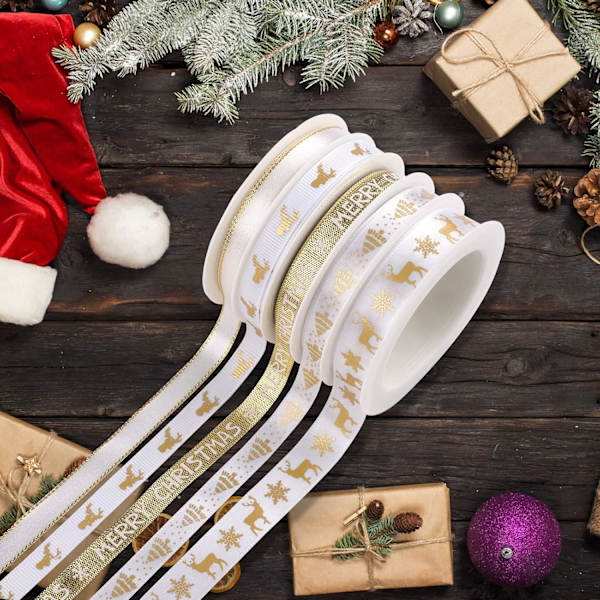 5 rullar julgrosgrain dubbelsidig polyesterband, används för jul