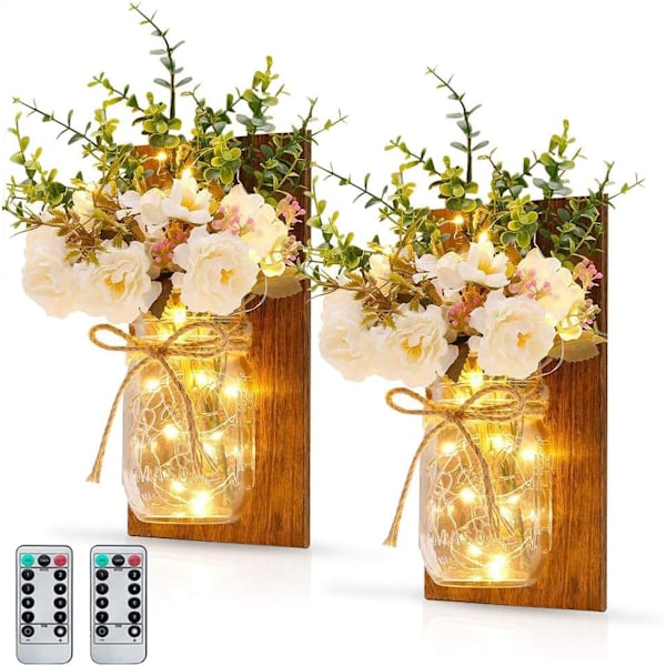 2 Pieces Wall Lights Lantern Mason Jar Lights Wall Decor, with Artificial F