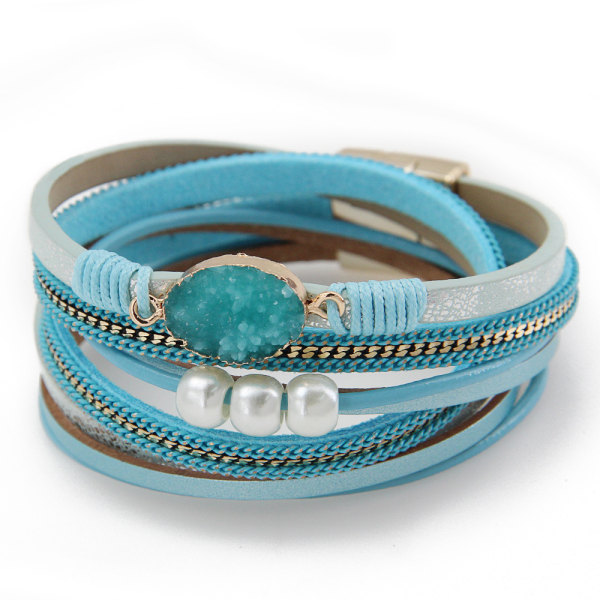 Läderomslag Armband Boho Manschettarmband Kristallpärlarmband med Magnetlås för Kvinnor，3pack