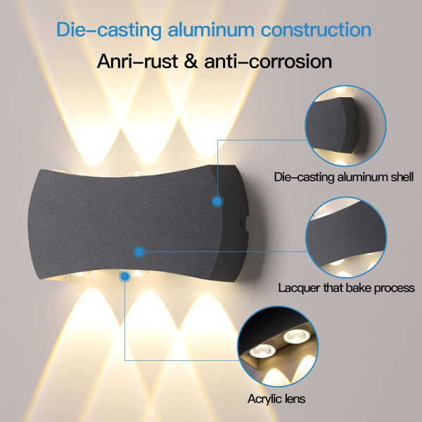 6W LED-vägglampa för inomhusbruk, utomhusvägglampa IP65 vattentät 1200L