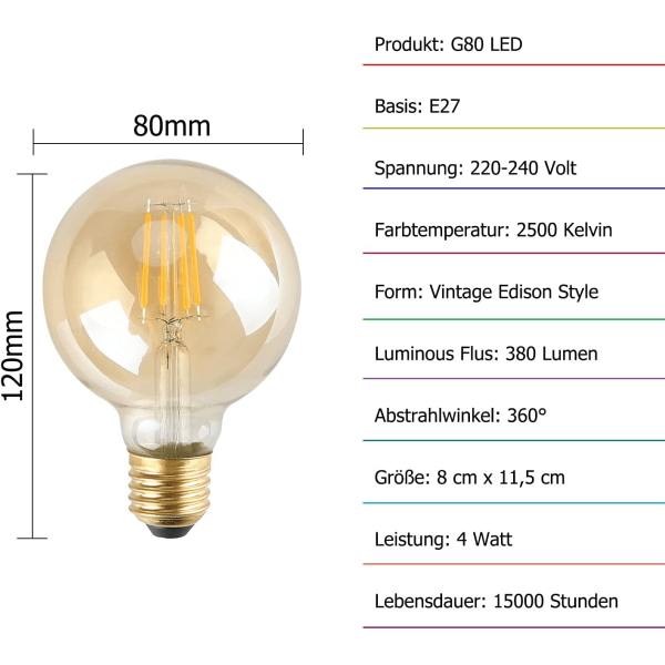 Set med 6 Vintage Edison glödlampor - E27 Base - 4W - Ersätter 40