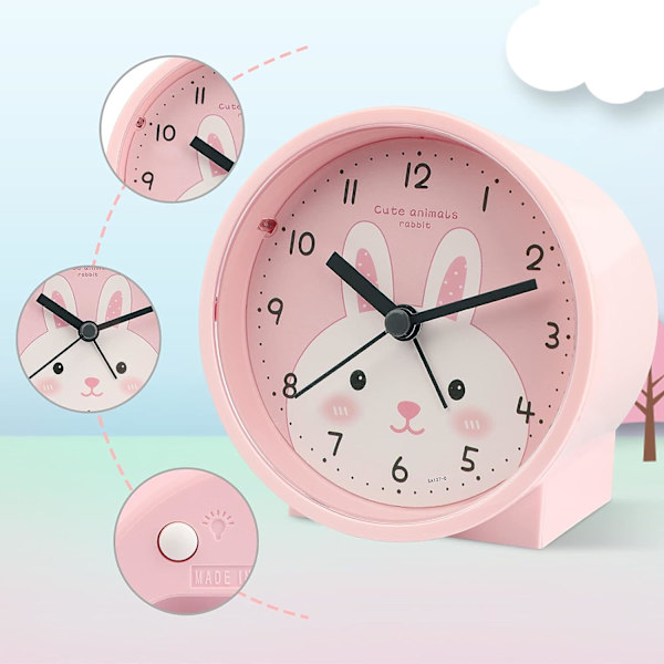 Barnklocka, Reseklocka, Liten Lätt Resekvartsklocka, Tyst Icke-Snoozing Analog Klocka med Snooze och Ljus, Rosa