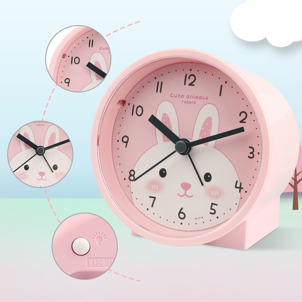 Børnevækkeur, Rejsevækkeur, Lille Letvægts Rejse Quartz Vækkeur, Lydløs Ikke-Snoozing Analog Vækkeur med Snooze og Lys, Pink