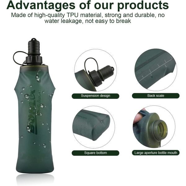 Mjuk Flask Löpvattenflaska Hydreringsficka Behållare Hopvikbar Vattenflaska Mjuk Flask Utomhus Sport Vattenflaska för Löpning Vandring Cykling Klättring 500ML Grön