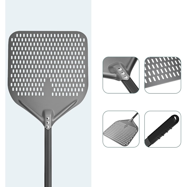14\" perforerad pizzaskal, lång stång hårdanodiserad aluminium pizzaskal, superstor svängbar pizzaskal, professionell pizzapaddel, total storlek 34,8\"