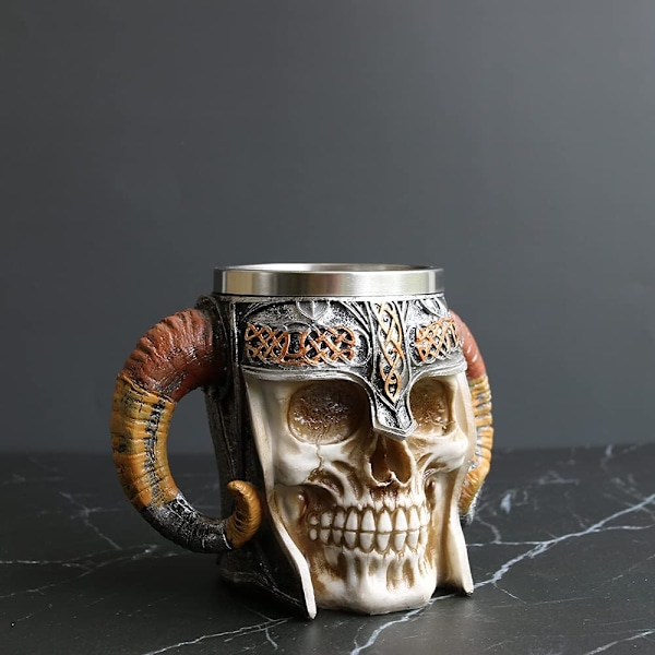 Viking Warrior Skull Mug med rustfritt stål fôr Aries Skeleton Beer Mug