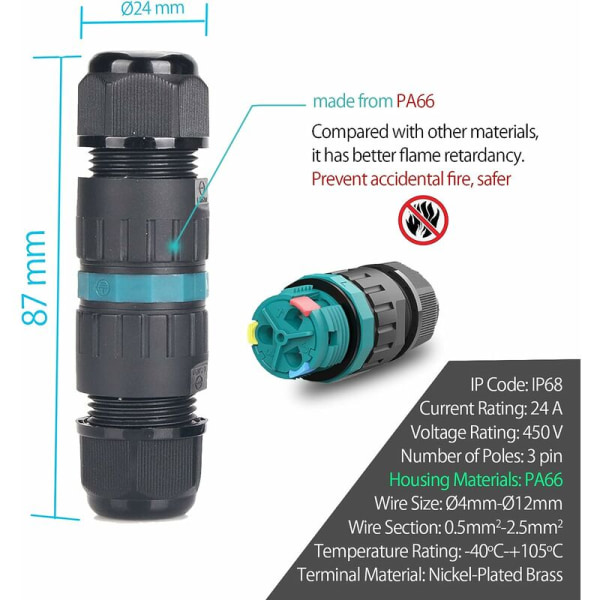 2-pakning IP68 Ø9mm-Ø12mm TÜV vanntett kabelkontakt 3-pin utendørs