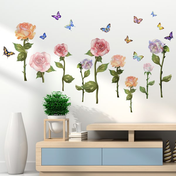 Väggdekaler Vardagsrum Växtväggdekal Blommor Fjäril Väggdekor S