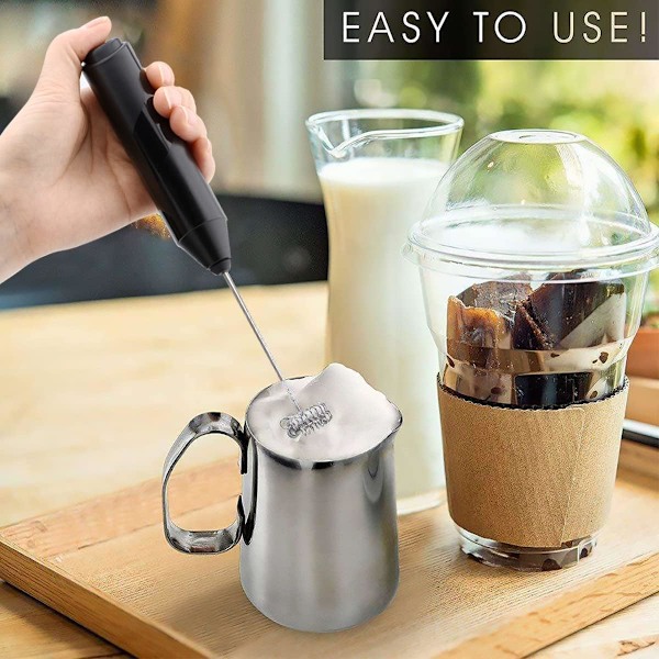 Elektrisk mjölkskummare, mini - omrörare med 14000 rpm motor, dryckesomrörare med rostfritt stål omrörare, 2 - AA-batteri (utan batteri), för kaffe, latte, cappuccino, varm choklad (svart)