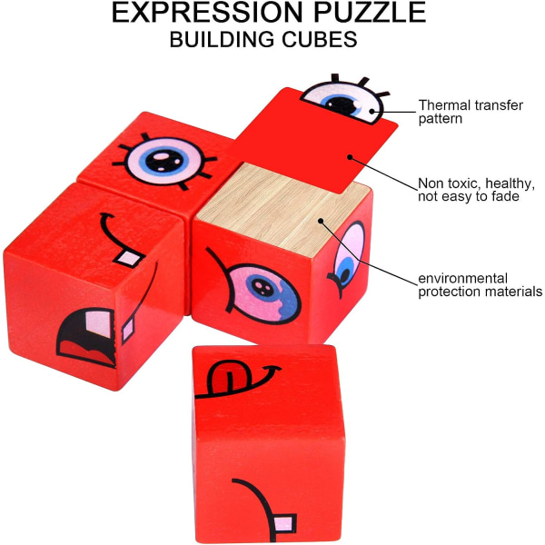 Trä Emoji Matchande Block Pussel Pedagogiskt Spel Montessori STEM Leksaker för Förskola Barn 3 År och Uppåt, Ansiktsförändrande Kuber (16 Bitar, 64 Kort)