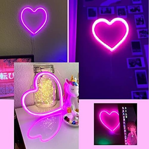 Vaaleanpunainen sydämenmuotoinen neonkyltti, paristokäyttöinen tai USB-neon LED-valo