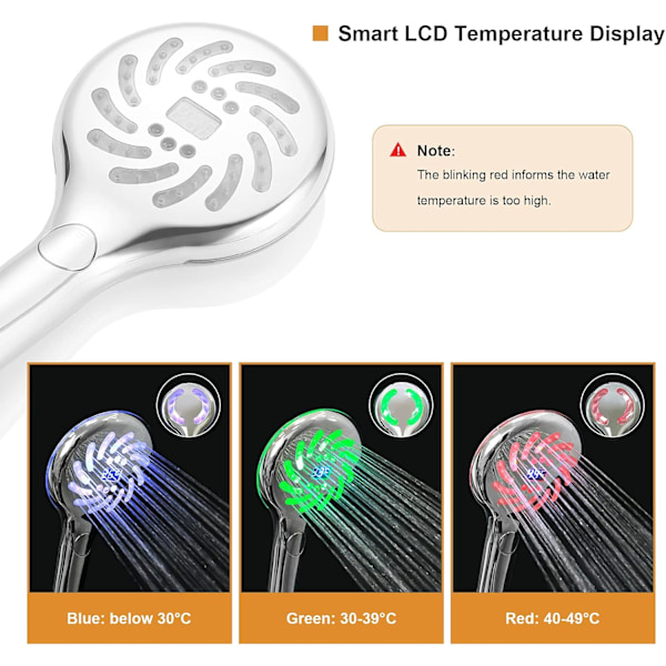 LED-duschhuvud med LCD-display för digital temperatur, 3 färgskiftande shower
