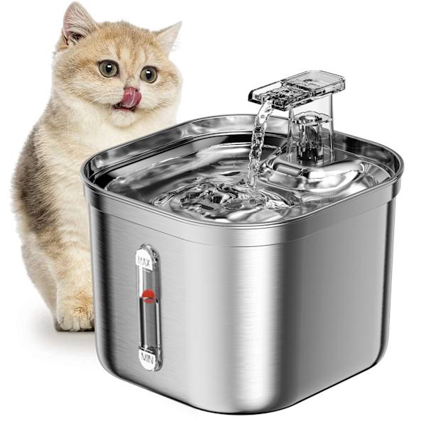 Rostfritt stål kattvattenautomat, 74oz / 2.2L Automatisk hundvattenautomat, Ultratyst husdjursvattenautomat med vattennivåfönster, 3 flödeslägen, Utbytbart inre filter för katter och hundar