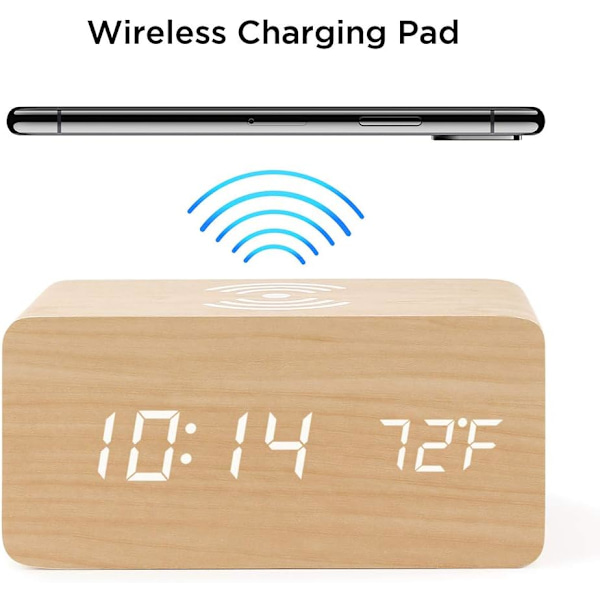 Träväckarklocka med Qi trådlös laddare kompatibel med iPhone Samsung Trä LED digital klocka Ljudstyrningsfunktion, Tid, Datum, Temperaturvisning för sovrum, kontor, hem - Trä