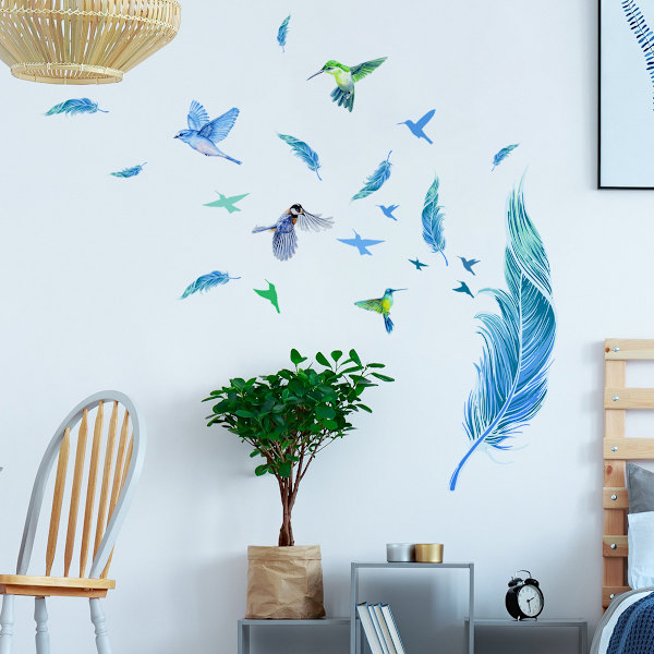 Blå Fjäder Väggdekaler Kolibri Väggdekaler för Vardagsrum Sovrum