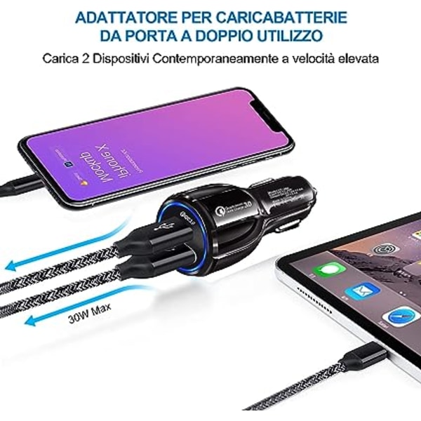 USB-billader for bil, hurtig billader, 2 porter 3.0 USB-billader kompatibel med iPhone, iPad Samsung Galaxy, Huawei, Xiaomi, nettbrett, Caricatore Auto USB