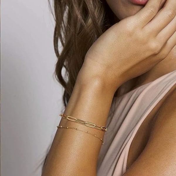 Dainty Gold Bracelets for Women, Adjustable Layered Bracelet 14K
