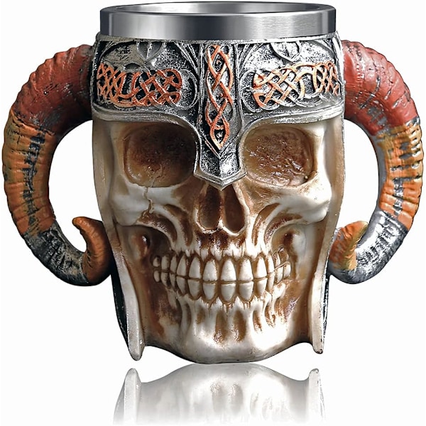 Viking Warrior Skull Mugg med rostfritt stål foder Aries Skelett Ölmugg