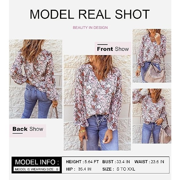 Dam Casual Boho Blommig Tryck V-hals Långärmad Lös Blusar