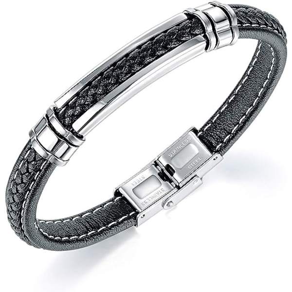 Svart läderarmband för män för tonårspojkar i silver rostfritt stål