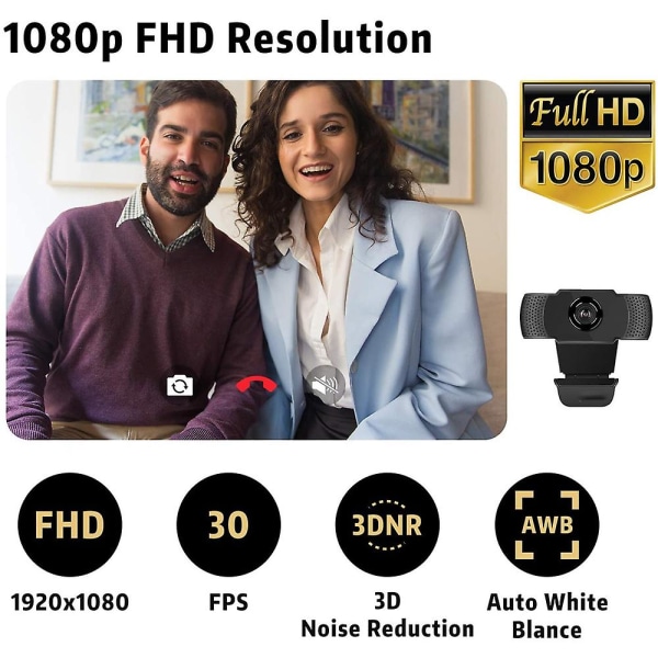 1080p HD-webbkamera med mikrofon, streaming-datorwebbkamera för bärbar dator/stationär dator/Mac/TV, USB-datorwebbkamera för videosamtal, konferenser, spel
