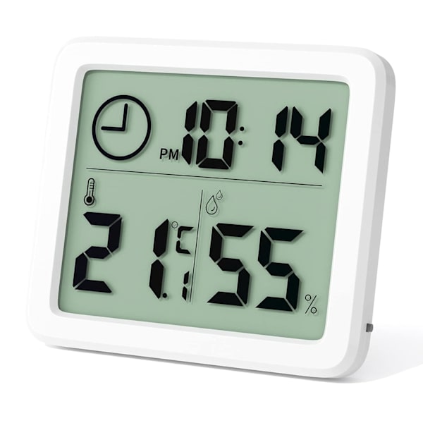 Mini digital inomhus termometer, stor skärm professionell bärbar hygrometer med klocka, exakt vit termometer, barnrum, växthus