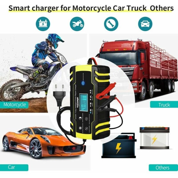 Bilbatterilader, 12V 8A, 24V 4A Bilbatterilader, Automatisk Smart Trickle-lader med LCD-berøringsskjerm for biler, motorsykler (6Ah til 150Ah batterier)