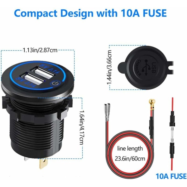 Kaksinkertainen USB-laturi, 5V/4.2A kaksinkertainen USB-autonlaturi virtapistoke kytkimellä 12V/24V autoille, veneille ja merelle, moottoripyörälle, kuorma-autolle, SUV:lle, UTV:lle