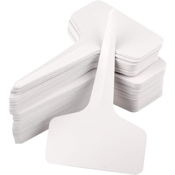 Förpackning med 100 växtmarkörer, växtpluggar för utomhusbruk, väderbeständiga trädgårdsskyltar för märkning, 6X10CM T-form, vit