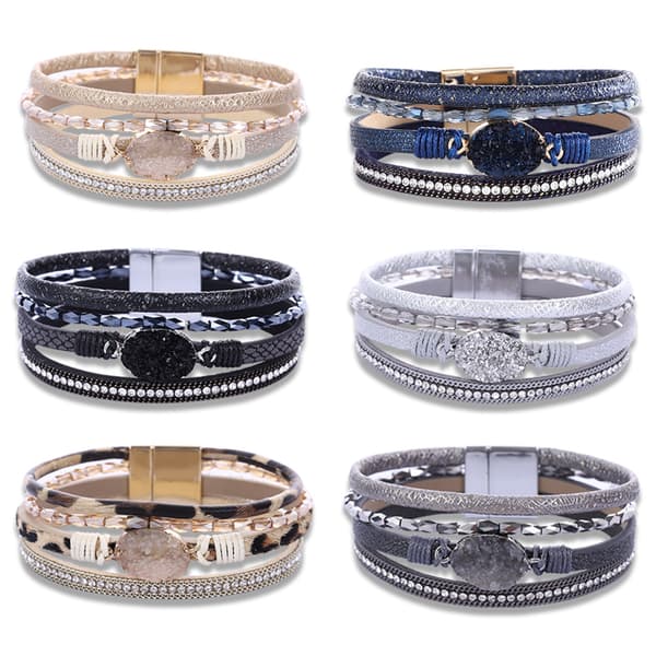 Läderarmband Boho Cuff Armband Kristallpärlarmband med M