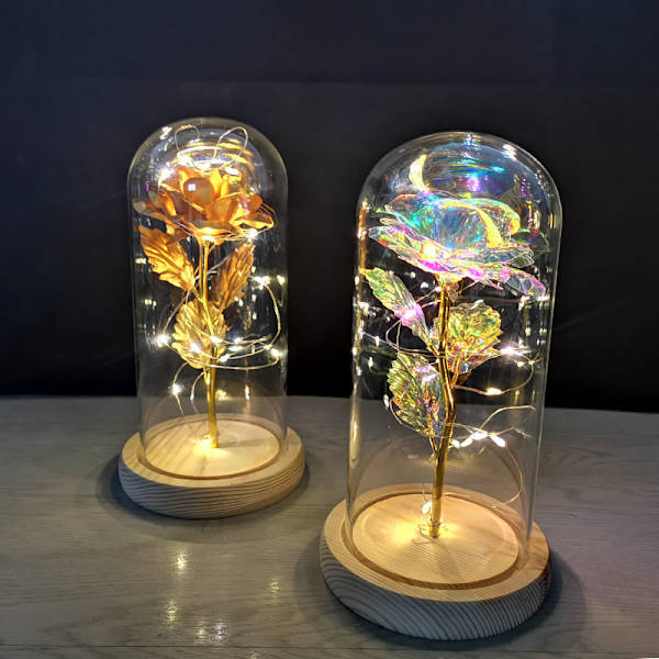 Glaskupa Ros Guld Folie Blomma med LED-ljus Evig Blomma C
