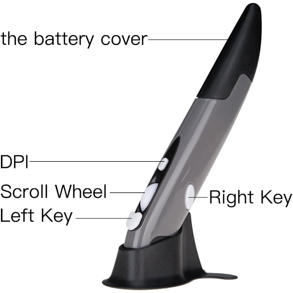 Trådlös optisk fickpenna mus, 2,4 GHz USB trådlös optisk penna mus 800/1200/1600 DPI justerbar handstil Mini Air Mouse Möss för PC Laptop Notebook Dator Mac (Grå)