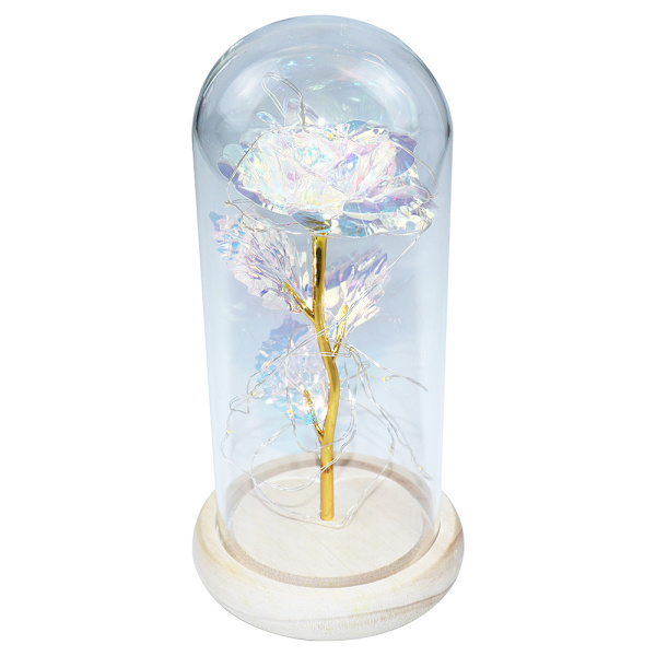 Glaskupa Ros Guld Folie Blomma med LED-ljus Evig Blomma C