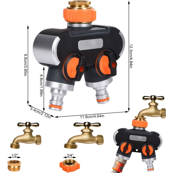 2-vejs slangedeler, 2-vejs Y-fordeler, 3/4\" og 1/2\" haveslange