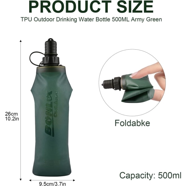 Mjuk Flask Löpvattenflaska Hydreringsficka Behållare Hopvikbar Vattenflaska Mjuk Flask Utomhus Sport Vattenflaska för Löpning Vandring Cykling Klättring 500ML Grön