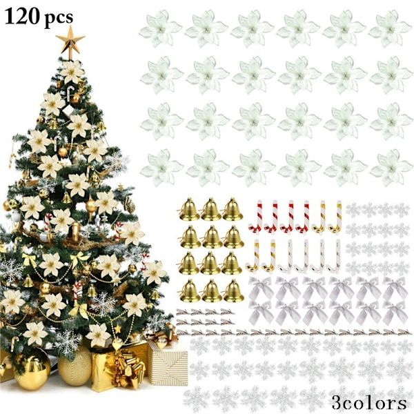 120-delars set med julgransprydnader med glitterpoinsettia, dekorationer (