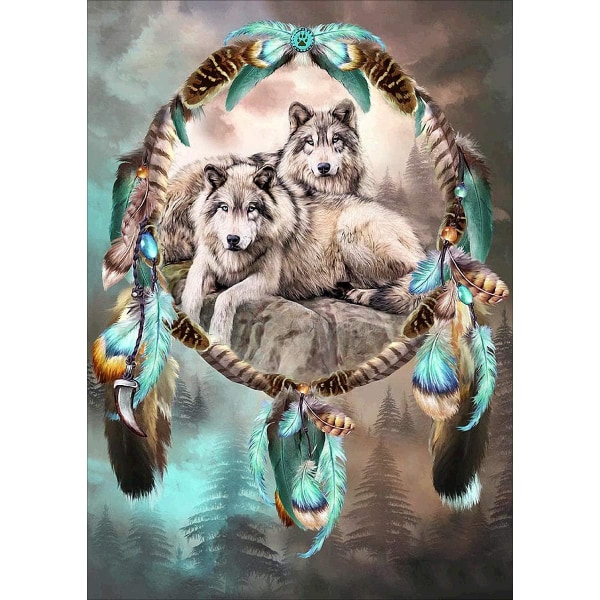 Two Wolves Diamond Painting Kit, koko cover, pyöreät strassit, D