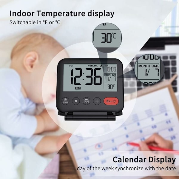 Resväska Liten Bärbar LCD Digital Klocka med Bakgrundsbelyst Kalender 12/24H Temperatur Makeup Spegel Liten Fällbar Skrivbordsklocka Batteridriven (Svart)