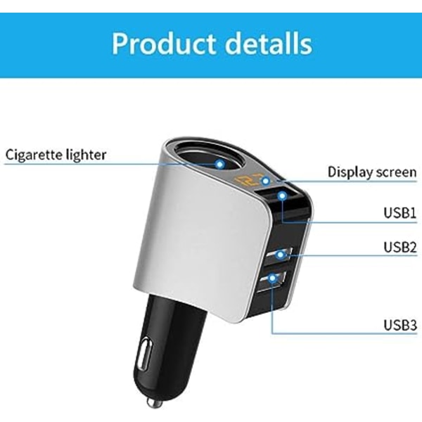 Ny Mini USB Multi-Lighter USB-laddare - 3 USB - 5V /3.6A - Voltmeterfunktion LED-display Batteri - Universell kompatibilitet (3usb) Silver