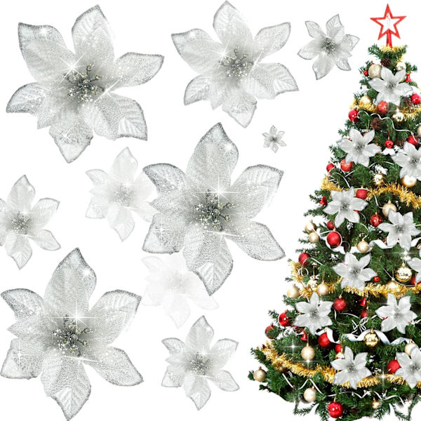 120-delars set med julgransprydnader med glitterpoinsettia, dekorationer (