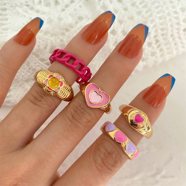 5 st hjärtformade fingerringar för kvinnor, smycken, mode, enkel emalj