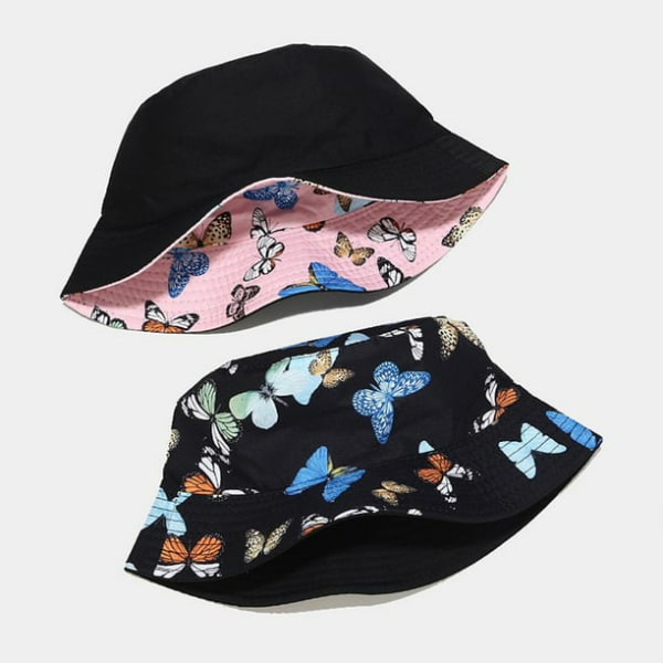 Bøttehatt for kvinner Butterfly Print Hats 2-Pack (svart, rosa)