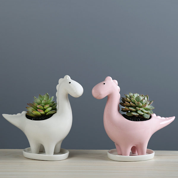 Keramisk suckulentkruka med fat, dinosaurieformad kaktusblomkruka, mini inomhusväxtkruka presentdekoration för hemmakontor bonsaiplanteringsbehållare