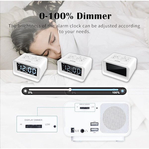 Klockradio med dubbla alarm, digital väckarklocka med 2 USB-laddningsportar, 0-100 % dimbar, justerbar volym, inomhus termometer (vit)
