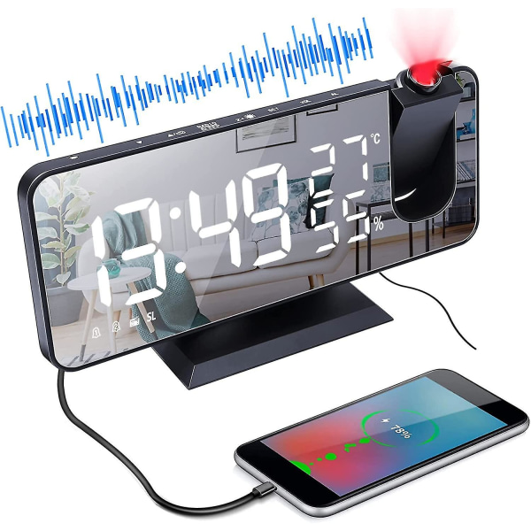 Takprojektionsklockradio, 180 projektorväckarklocka, digital klocka med 7\" LED