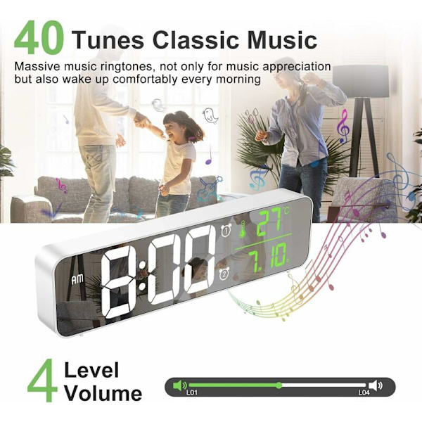 Digital väckarklocka, väggklocka morgon väckarklocka LED digital spegel stor skärm med datum temperatur, 2 larm, 40 musik, 6 dimbara ljusstyrkor, USB-klocka för hemmakontor, vit